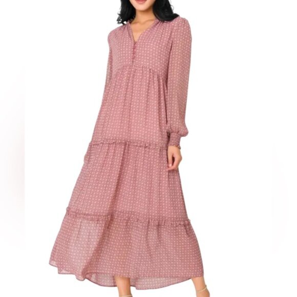Gibsonlook | Dusty Rose & Mauve Long Sleeve Maxi Tiered Dress Size XXS - Picture 1 of 11